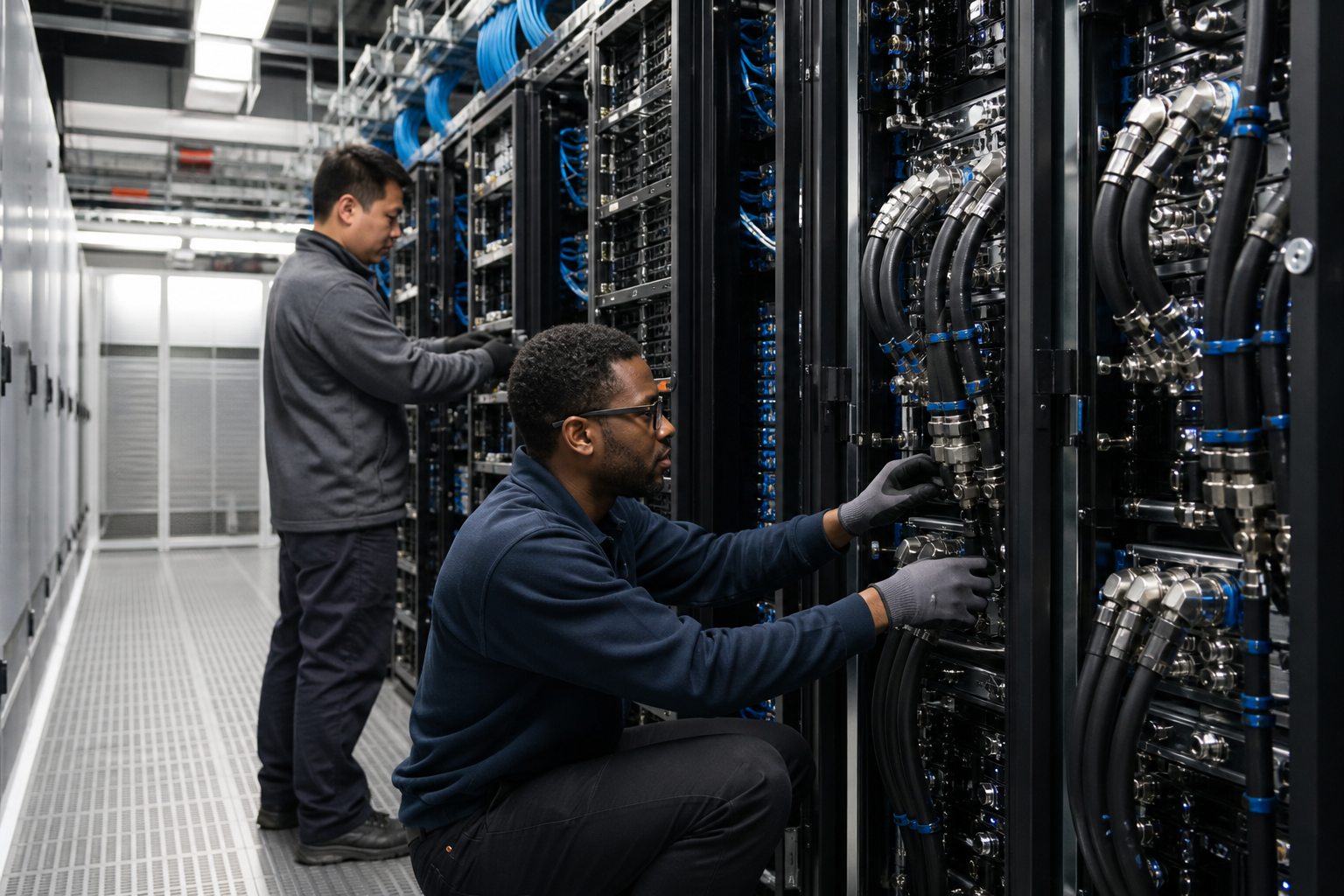Engineers maintaining liquid-cooled AI servers