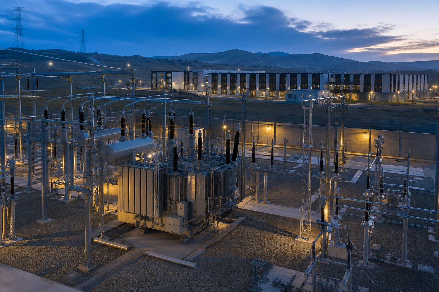 Electric substation and AI data center at dusk